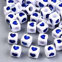 Bleu Perles européennes opaques acrylique, grandes perles de cube de trous, avec un motif de coeur, bleu, 7x7x7mm, trou: 4 mm, environ 1900 pcs / 500 g