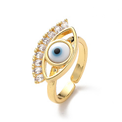 White Lampwork Evil Eye Open Cuff Ring with Clear Cubic Zirconia, Real 18K Gold Plated Brass Jewelry for Women, White, Inner Diameter: 17mm