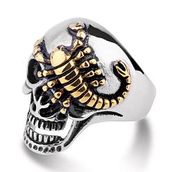 Golden & Stainless Steel Color Two Tone 316L Surgical Stainless Steel Skull with Scorpion Finger Ring, Gothic Punk Jewelry for Men Women, Golden & Stainless Steel Color, US Size 11(20.6mm)