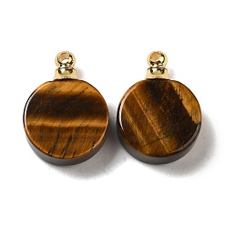 Tiger Eye Natural Tiger Eye Perfume Bottle Pendants, Flat Round Charms with Golden Plated 304 Stainless Steel Findings, 27.5x20x7~7.5mm, Hole: 2mm