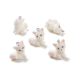 White Opaque Resin Pendants, with Platinum Tone Iron Loops, Fox Charm, White, 24.5x21.5x13mm, Hole: 2mm
