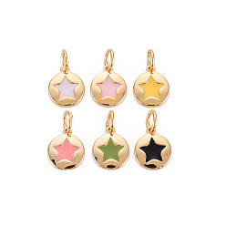 Real 18K Gold Plated Brass Enamel Charms, Nickel Free, Flat Round with Star, Real 18K Gold Plated, 10x8x1mm, Hole: 3mm