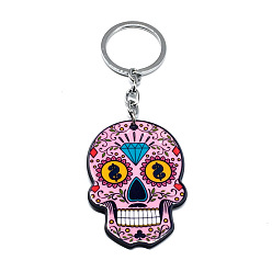 Pearl Pink Plastic Pendant Keychain, with Iron Key Rings, Skull, Pearl Pink, Pendant: 5.7x4cm