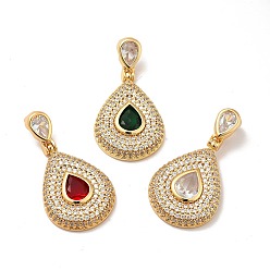 Mixed Color Brass Micro Pave Cubic Zirconia Pendants, Long-Lasting Plated, Real 18K Gold Plated, Teardrop, Mixed Color, 42mm, Hole: 8x4mm