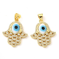 White Brass Cubic Zirconia Pendants, with Lampwork, Real 18K Gold Plated, Hamsa Charm, White, 24x20.5x4mm, Hole: 5x3.5mm