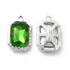 Verde Colgantes de cristal de aleación, colgante de rectángulo octágono de diamantes de imitación de cristal, Platino, verde, 21x14x6 mm, agujero: 1.8 mm