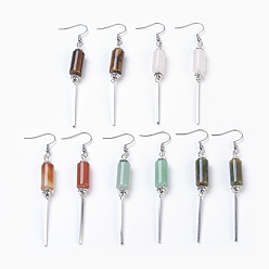 Mixed Stone Natural Gemstone Dangle Earrings, with Alloy Spacer Beads and 304 Stainless Steel Findings, Column and Rectangle, Platinum & Antique Silver, 78mm, Pendant: 61x8mm, Pin: 0.6mm