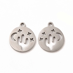 Stainless Steel Color 201 Stainless Steel Charms, Flat Round with Hollow Out Cactus, Stainless Steel Color, 14x11.5x1mm, Hole: 1mm