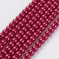 Crimson Eco-Friendly Glass Pearl Beads Strands, Grade A, Round, Dyed, Cotton Cord Threaded, Crimson, 12mm, Hole: 1.2~1.5mm, about 34pcs/strand, 15.7 inch