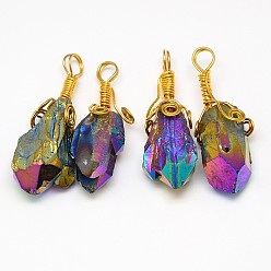 Colorful Electroplate Golden Wire Wrapped Gemstone Natural Crystal Pendants, Nuggets, Colorful, 34~51x10~16x5~10mm, Hole: 4~5mm