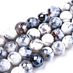 Creamy White Electroplate Natural Agate Beads Strands, Dyed, Faceted, Pearl Luster Plated, Round, Creamy White, 8.5x7~8mm, Hole: 1.2mm, about 47~48pcs/strand, 13.78 inch~13.98 inch(35cm~35.5cm)