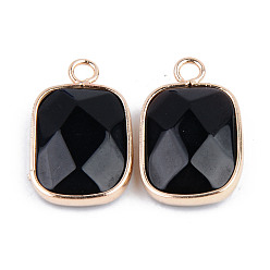 Black Stone Faceted Natural Black Stone Pendants, with Golden Plated Brass Edge and Loop, Rectangle, 22x13.5x5.5mm, Hole: 2mm