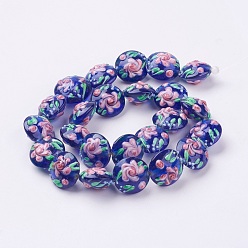Bleu Moyen  Main cahoteuses chalumeau perles brins, plat et circulaire avec fleur, bleu moyen, 17~20.5x10~14mm, Trou: 1.4mm