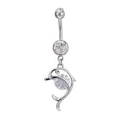 Crystal Piercing Jewelry Real Platinum Plated Brass Rhinestone Dolphin Navel Ring Belly Rings, Crystal, 51x16mm, Bar Length: 3/8"(10mm), Bar: 14 Gauge(1.6mm)