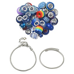 Bleu Kits de fabrication de bracelets de style européen bricolage, y compris des perles européennes en strass en acrylique, en résine et en argile polymère, fabrication de bracelets manchette en alliage et en laiton, bleu, 56 pièces / kit