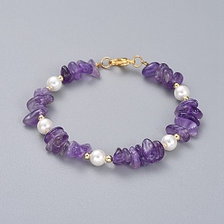 Amethyst Natural Amethyst Chip Beaded Bracelets, with Shell Pearl Round Beads, Brass Beads and 304 Stainless Steel Lobster Claw Clasps, 7-1/4 inch(18.5cm)