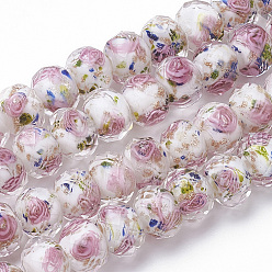 White Handmade Gold Sand Lampwork Beads Strands, Inner Flower, Faceted Rondelle, White, 11~12x8~9mm, Hole: 1.6~2mm, about 45pcs/strand, 17.3 inch
