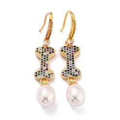 Colorful Bone with Imitation Pearl Beads Sparkling Cubic Zirconia Dangle Earrings for Her, Real 18K Gold Plated Brass Earrings, Colorful, 49mm, Pin: 0.9mm