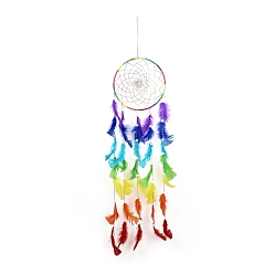 Colorful Chakra Theme Iron Woven Web/Net with Feather Pendant Decorations, with Wood Beads, Covered with Villus and Cotton Cord, Flat Round, Colorful, 925mm