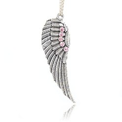 Light Rose Antique Silver Plated Alloy Wing Big Pendants, with Rhinestones, Light Rose, 52x17x2mm, Hole: 2mm