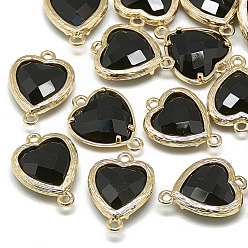 Negro Conectores de enlaces de vidrio, con fornituras de latón de tono de oro, facetados, corazón, negro, 15x10x3 mm, agujero: 1 mm