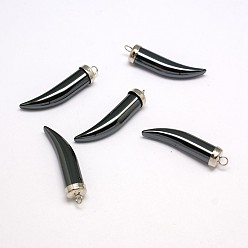 Platinum Non-magnetic Synthetic Hematite Pendants, Grade AA, with Brass Findings, Ivory/Tusk Shape, Platinum, 35.5~37x8x8mm, Hole: 2.5mm