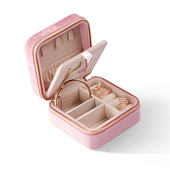 Pink Cajas con cremallera para almacenamiento de joyas de terciopelo cuadrado de 2 niveles con espejo en el interior, Estuche organizador de joyas de viaje portátil para anillos., Aretes, , almacenamiento de pulseras, rosa, 10x10x5 cm