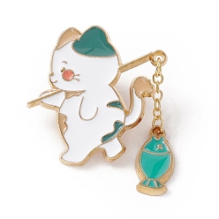 Teal Cat and Fish Enamel Pin, Gold Plated Alloy Badge for Backpack Clothes, Teal, 40x34x2mm
