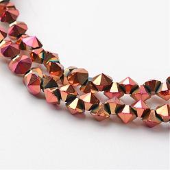 Гальванический Розовый Золотой Гальванические стеклянные бусины, полное покрытие, граненые, алмаз, покрытием из розового золота, 4x4 мм, отверстие : 1 мм, около 143 шт / нитка, 11.8 дюйм