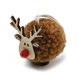 Peru Christmas Themed Plush & Wood Deer Ball Pendant Decoration, Jute Rope Hanging Ornament, Peru, 108mm