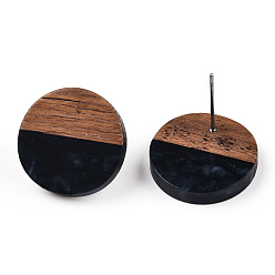 Черный 304 плоские круглые серьги-гвоздики из смолы и орехового дерева с булавкой из нержавеющей стали для женщин, чёрные, 18 мм, штифты : 0.7 мм