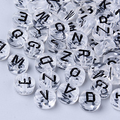 Clair Perles acryliques transparentes, trou horizontal, plat rond avec des lettres aléatoires, clair, 7x3.5mm, Trou: 1.8mm, environ3600~3700 pcs / 500 g