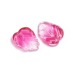 Rosa Caliente Encantos de vidrio transparente de dos tonos, hoja, color de rosa caliente, 13.5x10.5x3.5 mm, agujero: 1.2 mm