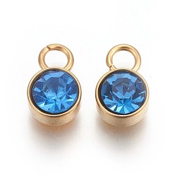 Light Sapphire Glass Rhinestone Charms, March Birthstone Charms, with Golden Tone 201 Stainless Steel Findings, Flat Round, Light Sapphire, 10x6x4mm, Hole: 2.3mm