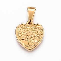 Golden 304 Stainless Steel Pendants, Heart with Tree, Golden, 18.5x17x3mm, Hole: 9x5mm
