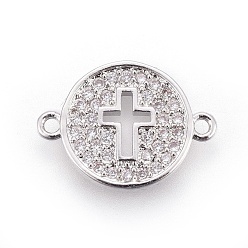 Platinum Brass Micro Pave Cubic Zirconia Links, Flat Round with Cross, Clear, Platinum, 12~12.5x17x2mm, Hole: 1mm