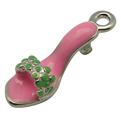 Deep Pink Brass Enamel Pendants, High-Heeled Shoes, Platinum Metal Color, Deep Pink, 7x23x6mm, Hole: 2mm