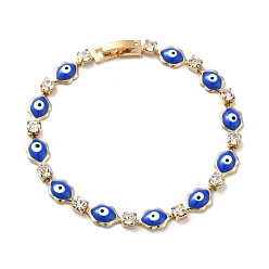Blue Rack Plating Iron Lip & Square Link Chains Bracelet, Enamel Evil Eye Bracelet with Clear Cubic Zirconia for Women, Golden, Blue, 7-7/8 inch(20cm)