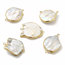 Light Gold Charmes de connecteur de perles de keshi naturelles baroques, maillons ronds plats, avec doubles boucles en laiton, or et de lumière, 28~32x21~26x5~7mm, Trou: 1.6~1.8mm