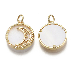 Real 18K Gold Plated Brass Pendants, with Natural Freshwater Shell and Jump Rings, Flat Round with Moon, Nickel Free, Real 18K Gold Plated, 18x16x3.5mm, Hole: 3mm