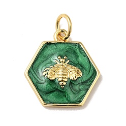 Sea Green Rack Plating Brass Enamel Pendants, with Jump Ring, Cadmium Free & Nickel Free & Lead Free, Real 18K Gold Plated, Hexagon with Bee, Sea Green, 15x14x2.5mm, Hole: 3.6mm