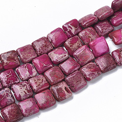 Hot Pink Natural Imperial Jasper Beads Strands, Dyed, Flat Slice Square Beads, Hot Pink, 10x10x4mm, Hole: 1mm, about 38~40pcs/Strand, 15.16 inch(38.5cm)