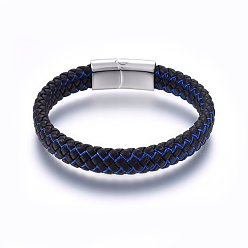 Stainless Steel Color Leather Braided Cord Bracelets, with Nylon and 304 Stainless Steel Magnetic Clasp, Rectangle, Stainless Steel Color, 8-5/8 inch(22cm), 12x6mm