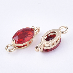 Red Transparent Glass Links connectors, with Brass Findings, Faceted, Oval, Light Gold, Red, 11x4x4mm, Hole: 1mm