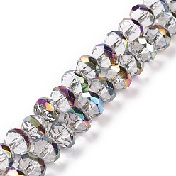 Clear Transparent Electroplate Glass Beads Strands, Faceted, Rondelle, Half Rainbow Plated, Clear, 7.5~8x6.5~7mm, Hole: 1.4mm, about 65pcs/strand, 16.77 inch(42.6cm)