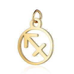 Sagittarius 201 Stainless Steel Charms, with Jump Rings, Polished, Flat Round with Constellation, Golden, Sagittarius, 13x11x1mm, Hole: 2.5mm