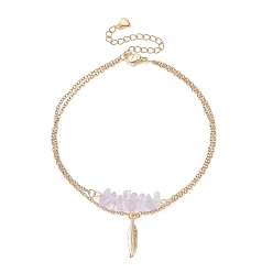 Doré  Puces d'améthyste naturelle breloques perles et plumes bracelet multi-rangs double couche, bijoux en acier inoxydable pour femmes, or, 9-3/8 pouce (23.7 cm)