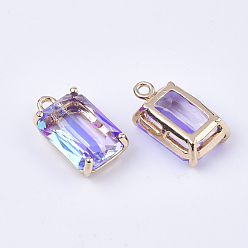Medium Purple Transparent Glass Pendants, with Brass Findings, Faceted, Rectangle, AB Color Plated, Light Gold, Medium Purple, 17.5x10x6.5mm, Hole: 1.6mm