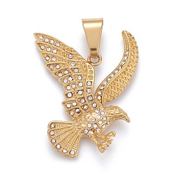 Oro 304 colgantes de acero inoxidable, con diamantes de imitación de cristal, águila, dorado, 45x39x5 mm, agujero: 6.5x11.5 mm