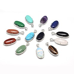 Mixed Stone Oval Platinum Plated Brass Natural & Synthetic Mixed Stone Pendants, Cadmium Free & Lead Free, 37x19x10mm, Hole: 5x8mm